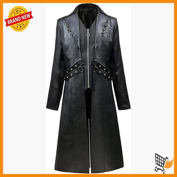 Men's Faux Leather Motorcycle Trench Coat Punk Style Long Jacket